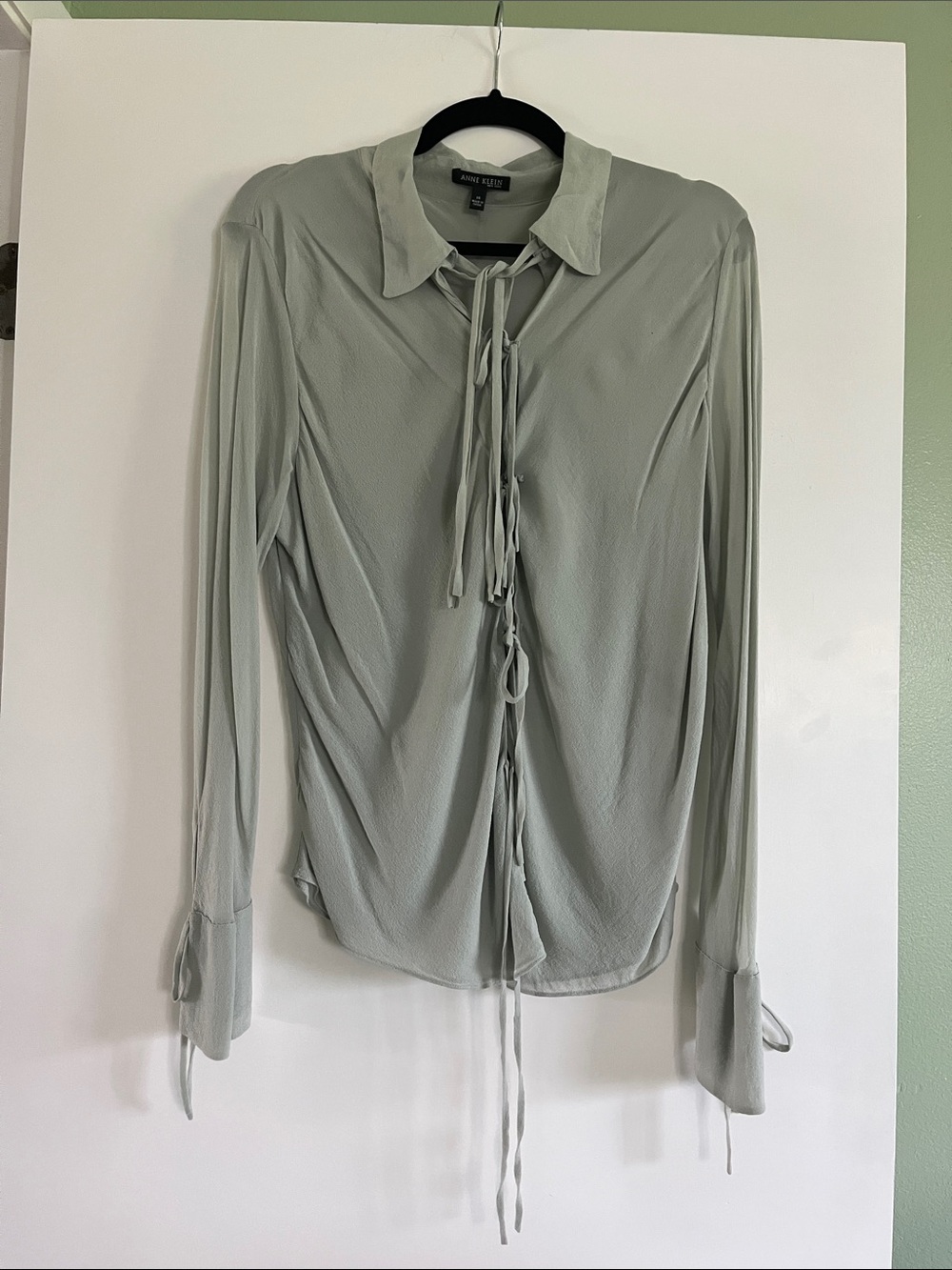 Anne Klein Light Sage Tie-Front Long Sleeve Blouse